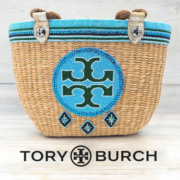 Tory Burch Handbags - 🆕 Tory Burch Special Edition Ella Straw Tote Beaded Logo Lining & Drawstring